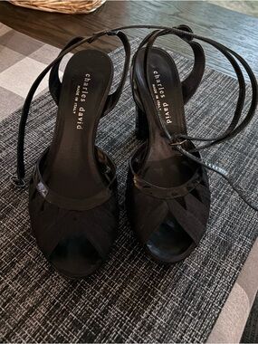 Charles David Black Satin Peep-Toe Slingback Heels